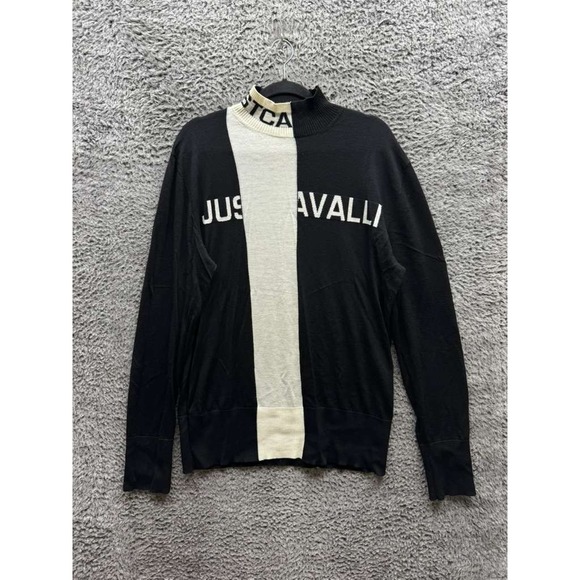 Just Cavalli Logo Knitted Turtleneck Pullover Sweater Black White‎ Mens Size XXL